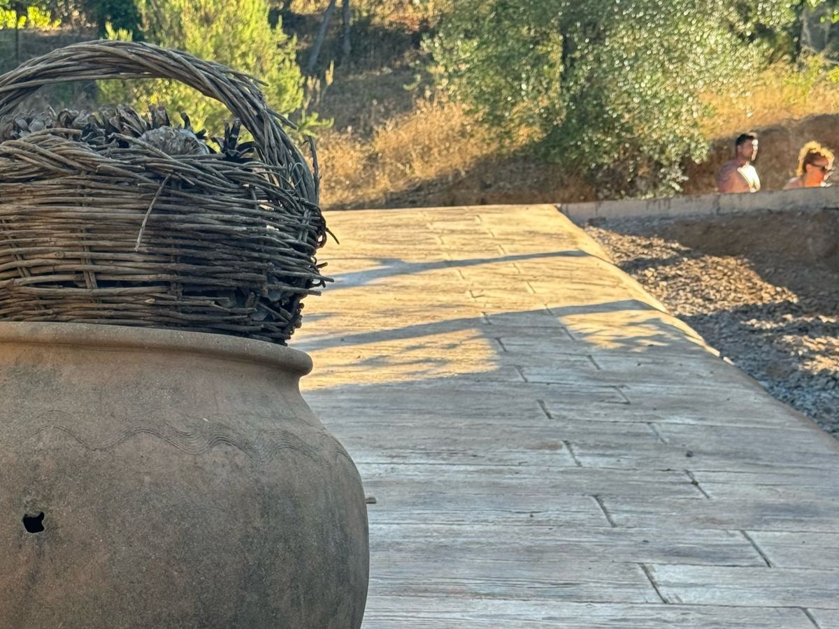 Camino de la finca con una tinaja de barro junto al paso